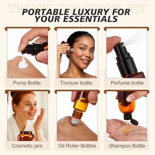 21 Pcs Amber Plastic Travel Toiletry Bottles Set, TSA Approved Travel Containers, Leak Proof Containers with Refillable Squeeze Bottle, Roller Balls, Pump sprayer, Perfume Atomizer, Labels & Funnel