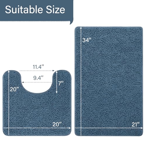 LOCHAS Bathroom Rugs Sets 2 Piece, Soft Non Slip Bath Mat Set, 20''x20'' U-Shaped Toilet Rug and 34''x21'' Denim Blue Bath Rugs, Washable Absorbent Chenille Toilet Rug Set for Bathroom, Shower, Sink - color: Denim Blue