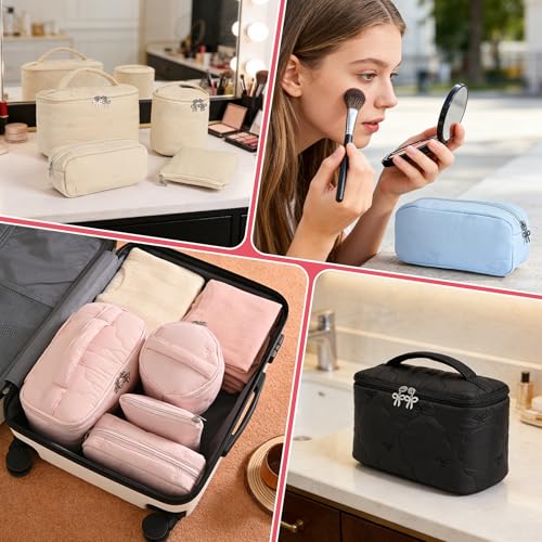 4Pcs Quilted Makeup Bag Set, Cute Bowknot Puffy Makeup Bag Toiletry Bag w/ Bow Zipper Travel Essentials Large Water-Resistant Travel Makeup Bag Versatile Cosmetic Organizer Pouch for Women Girls - color: Beige