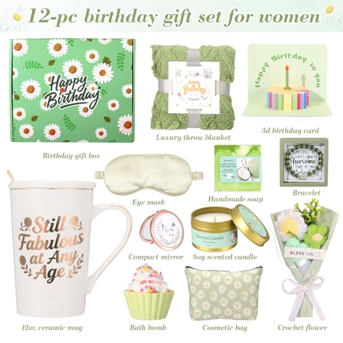 Daisy Birthday Gifts for Women,Self Care Gift Box for Mom,Wife,Best Friend | 12 Piece Birthday Gift Basket with Blanket Mug Candle Spa Gifts, Unique Happy Birthday Surprise for Her