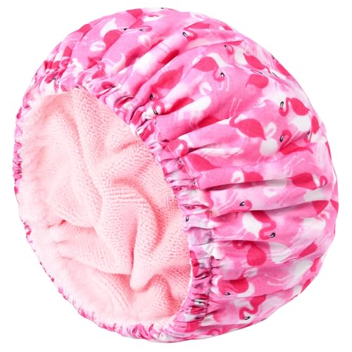 Shower Cap for Women Terry Lined Bath Cap Large Reusable Waterproof Elastic Band Pink Flamingo Shower Caps for Long Thick Hair Soft Bath Shower Hair Caps - color: Hot Pink Flamingo