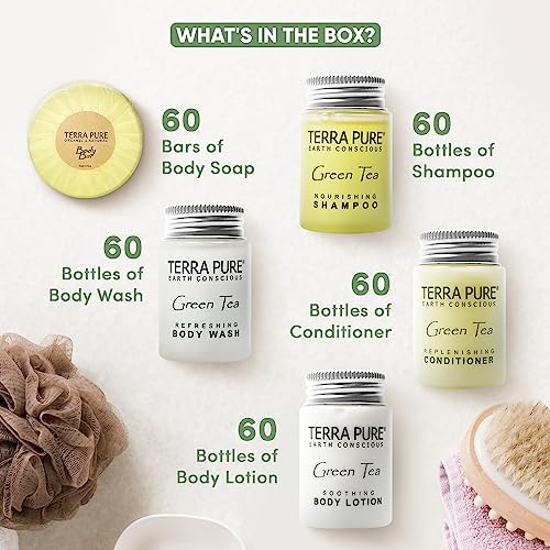 Terra Pure Hotel Soaps & Toiletries Bulk Set | 1-Shoppe Amenities Kit | 1oz Shampoo & Conditioner, Body Wash, Lotion, 1.25oz Bar Soap | Travel Size | 300 Pieces - style: 300 PIECES