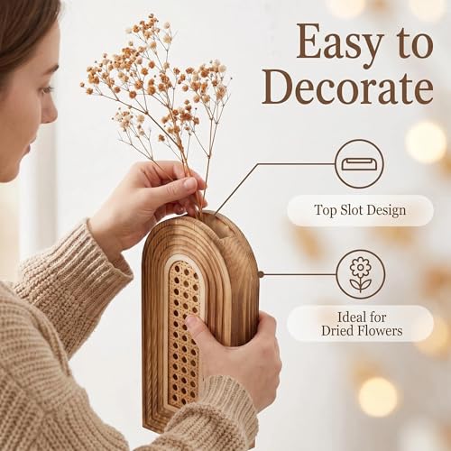Dnnnii 2 Pack Wooden Wall Vase Set - Brown Finish Hollow Rattan Modern Farmhouse & Boho Wall Decor for Entryway, Hallway, Bathroom, Living Room, Dining Room, Narrow Spaces - color: Rattan-brown
