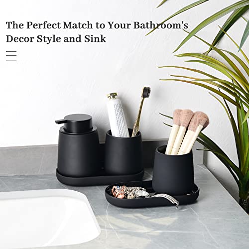 BosilunLife Ceramic Bathroom Accessories Set 3 Pcs, Liquid Soap Dispenser and Toothbrush Holder with Tray, Modern Farmhouse Vanity Decor, Black Housewarming Gift (Black-Liquid) - color: Black, style: liquid