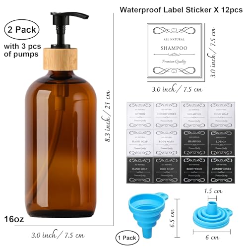 16oz/480ml Amber Glass Soap Dispenser Set, 2 Pack Dish Hand Soap Dispenser for Kitchen Bathroom, Clear Liquid Soap Bottle Dispenser with Bamboo Pump, Waterproof Labels, Funnel