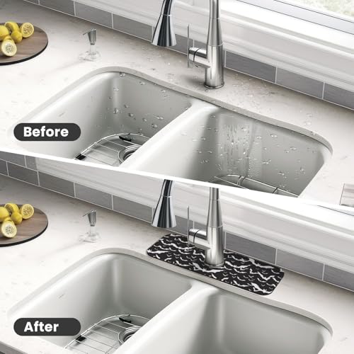 Bats Halloween Goth Silhouettes Black White 15" X 5.5" Kitchen Sink Splash Guard Faucet Faucet Guard Draining Mat Sink Splash Guard Faucet Kitchen Bathroom - color: Bats Halloween Goth Silhouettes Black White