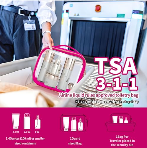 TSA Approved Travel Toiletry Bag,2 Pack Clear Makeup Bags with Handles,Quart Size Clear Cosmetic Bags for Traveling Women,Men,Carry on Airport Airline Compliant Bag,Rose Red - color: Rose Red, size: 2 Pack, Medium