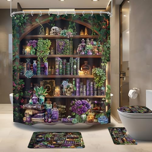 4 PCS Gothic Skull Skeleton Shower Curtain Set 72Wx72H Halloween Goth Books Bathroom Set Non-Slip Bath Rug Toilet Lid Cover U Shape Mat Complete Bathtub Accessories with 12 Hooks Bathroom Decor - color: A 04skeleton, size: 72"W x 72"L (Pack of 4)