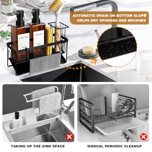 GMISUN Dish Soap Dispenser, 12 Fl oz / 350 ml Dual Soap Dispenser with Sponge Holder, Customized Amber Glass Kitchen Soap Dispensers Set, Modern Hand and Dish Soap Dispensers Set Removable - color: Amber Bottle + Black Rack