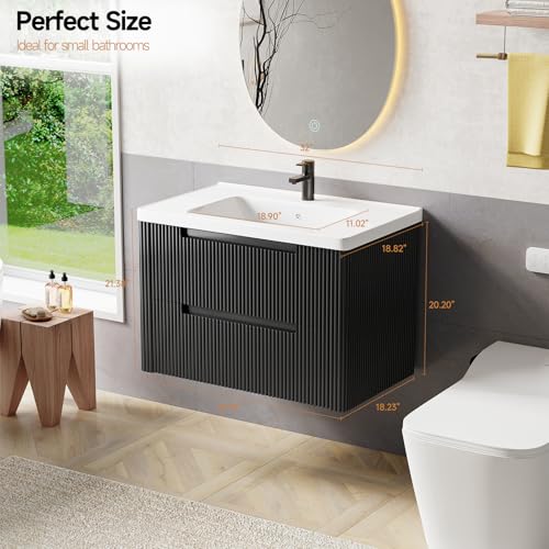 ONBRILL Modern Bathroom Vanity with Sink Combo, Curved Floating Bath Vanity with 2 Drawers, Wall Mount Bathroom Vanities with Integrated Ceramic Sink for Small Space, Apartment (Black, 32“) - color: Black, size: 32“
