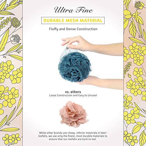 Spongentle Shower Loofah Bath Sponge, Body Scrubber with Soft Mesh, Exfoliating Bath Pouf and Body Wash Sponge for Women and Men, Bath Accessories Cleaning Tool, Large 70g 3 Pack - style: Coastal Beige & Blue