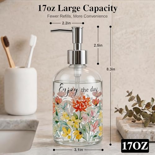 Topadorn 17oz Glass Soap Dispenser with Pump, Refillable Hand & Dish Soap Bottle, Watercolor Floral Enjoy the Day Kitchen Soap Dispenser for Bathroom Counter Decor - color: Floral