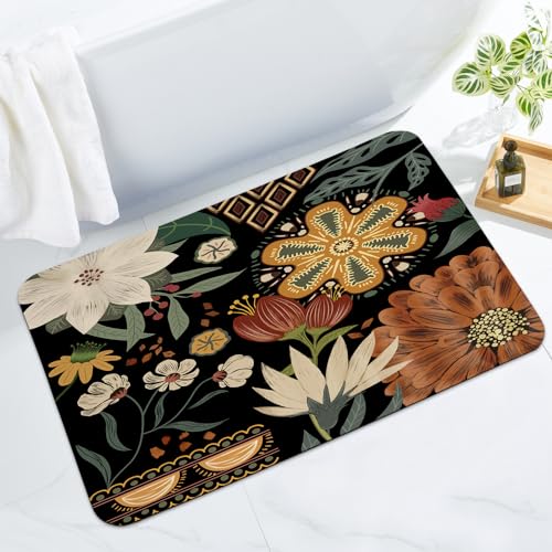 MitoVilla Black Boho Bathroom Runner Rug Mat, Bohemia Plant Shower Floor Mat, Washable Modern Bath Mat Non Slip, Absorbent Carpet for Bathroom Decor, 20" x 32" - color: Boho - Flower02, size: 20" x 32"