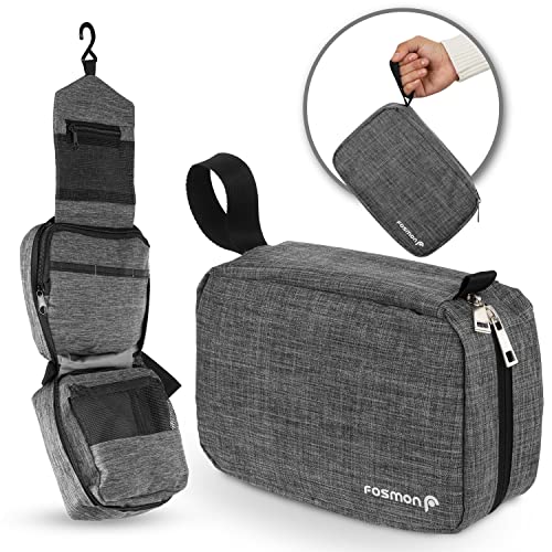 Fosmon Hanging Travel Toiletry Bag, Compact Travel Organizer | Water-resistant nylon, multiple pockets for toiletries/makeup, lightweight, ideal for men/women, shower and travel use.