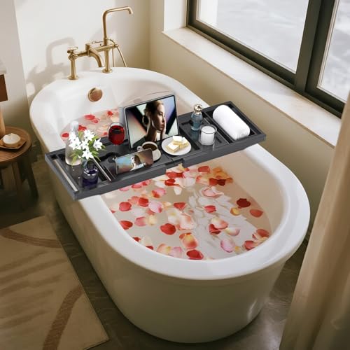 Bathtub Tray Caddy, Expandable Bath Trays for Tub, Bamboo Shelf & Table with Wine Glass Holder,Bathroom Accessories for New Home & Mothers Day & Birthday Gifts for Mom,Black - color: Black