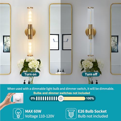 Gold Bathroom Light Fixtures 2 Pack, Hardwired Vanity Lights for Mirror with Threaded Glass Shade, 20 Inch Up and Down Wall Sconces for Bathroom Bedroom Living Room, Bulb Not Included - color: Gold-B, 2Pack