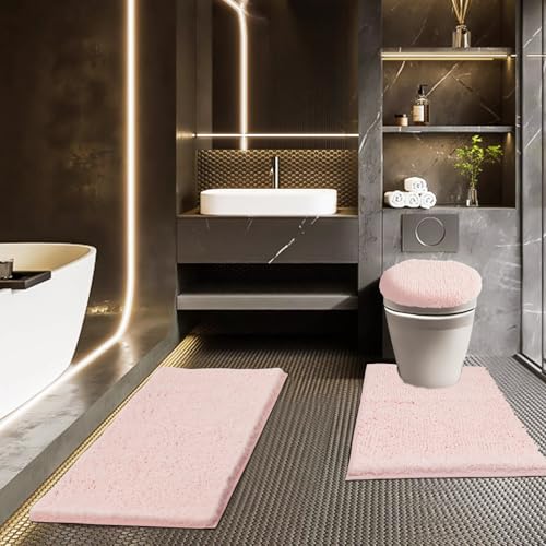Bathroom Rugs Sets 3 Piece with Adjustable Toilet Seat Cover 17.5"x 15" Machine Washable Bath Rug Set with TPR Non Slip Rubber Backing Solid Bath Mat Set for Luxury Bathroom Decoration - color: Light Pink