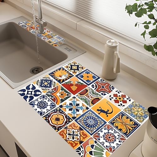 2Pcs Dish Drying Mats Faucet Mats Sets Large Size Coffee Mats Sink Faucet Mat Splash Guard for Kitchen Counter Bathroom Sink Coffee Bar Kitchen Decor (Retro Boho, 18"x24" 15" x 5.5"Set) - color: Retro Boho