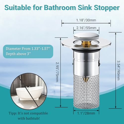 Bathroom Sink Drain Strainer, Pop-Up Sink Stopper Hair Catcher, Anti-Clog with Removable Stainless Steel Filter Basket, Universal for US Standard Drain Stopper Replacement (Silver, 2pcs)