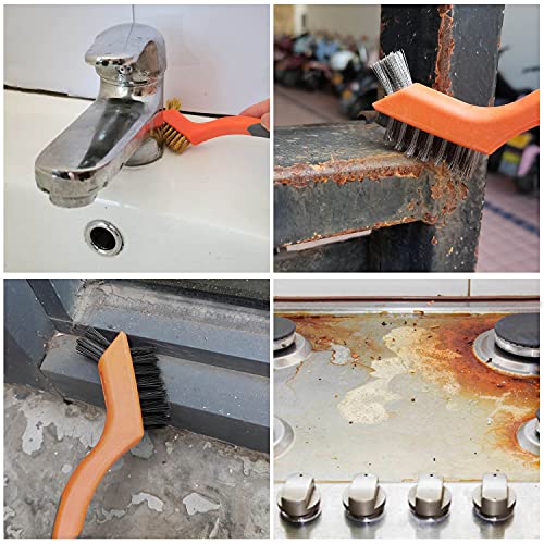 Wire Brush Set 5PCS, Nylon/Brass/Stainless Steel/Carbon Steel Bristles Wire Scratch Brush with Curved Rubber Handle for Cleaning Rust, Corrosion, Dirt, Paint Scrubbing, Deep Detailing Cleaning, Orange