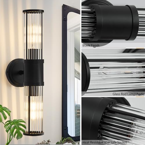 Black Wall Sconce Bathroom Vanity Light Fixtures for Mirror, Modern Wall Light with Glass Rod Shade for Bathroom, Bedroom, Hallway, Living Room - Bulb Not Included - color: Black-Glass Rod