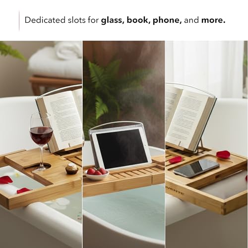 OVENTE Bathtub Tray Caddy, Expandable Bamboo Bath Tray Table, Wooden Tub Board with Books, Tablets, Phone and Wine Glass Holder, Bathroom Accessories and Home Spa Essentials, Wood BTC20228