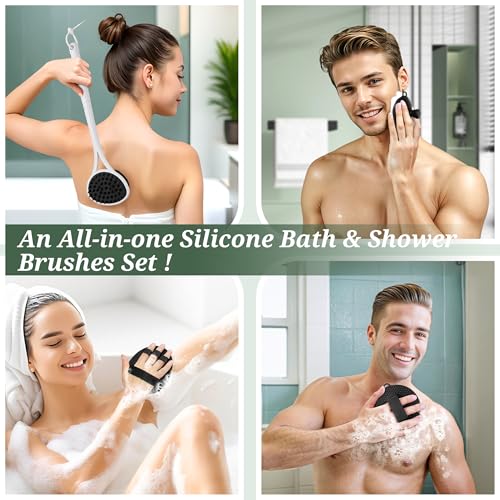 Silicone Back & Body & Face Scrubbers Set 4PCS, 15.35’’ Soft Back Scrubber for Dual-Side Usage, Easy-to-Hold Bath Glove Body Scrubber Face Scrubber for Good Foaming & Deep Cleaning(Black) - color: 02black*4