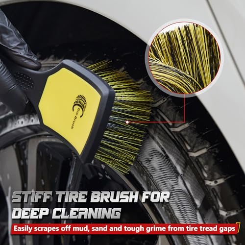 BMLEI Wheel & Tire Brush Set, 2 Pack Car Wheel Brush & Tire Cleaner Brushes, Soft Bristle Rim Brush and Stiff Tire Scrub Brush, Scratch-Free Wheel Cleaning Kit for Car Detailing, Trucks, SUVs - color: Yellow&black