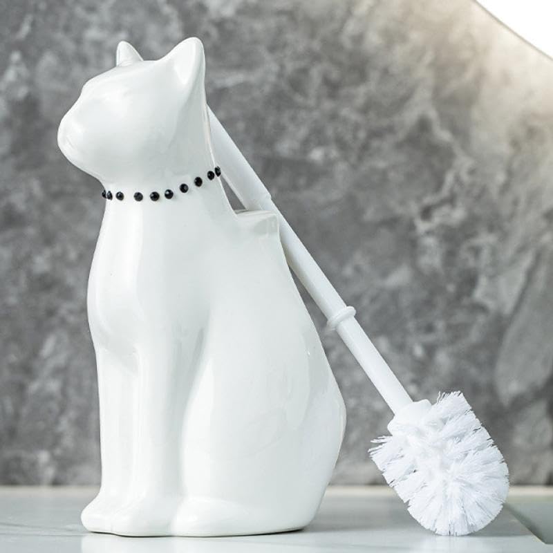 Comeon Ceramic Cat White/Black Toilet Brush and Holder Set, Plastic Handled Scrub Brush for Bathroom Cleaning,10.63"*6.3" (White) - color: White, size: Cat