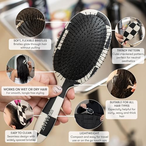FRAMAR Checkered Print Hair Brush Detangler – Wet Hair Brushes For Women, Womens Hair Brush, Black and White Checkered Hair Accessories, Hairbrush For Women, Cepillos Para Cabello – Detangle Brush - color: Checkered