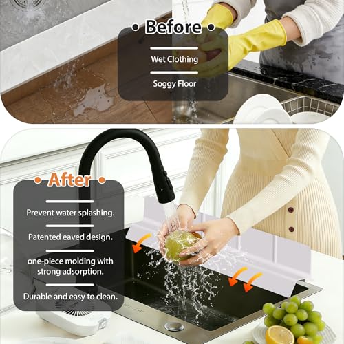 23Inch Sink Splash Guard – Extended Length & Tall Silicone Kitchen Sink Splash Guard with Overhang Drainage Design & Strong Suction Cups for Countertop (Light Pink, 23''x3.5'') - color: Light Pink, size: 23''x3.5''