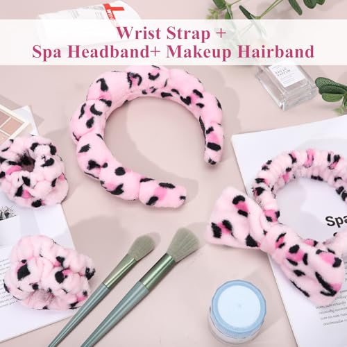 Face Washing Headband and Wristband Set, Leopard | Soft absorbent fabric, snug head-hugging fit for face washing, skincare, makeup, masks, travel, women and teen girls - color: Pink leopard print