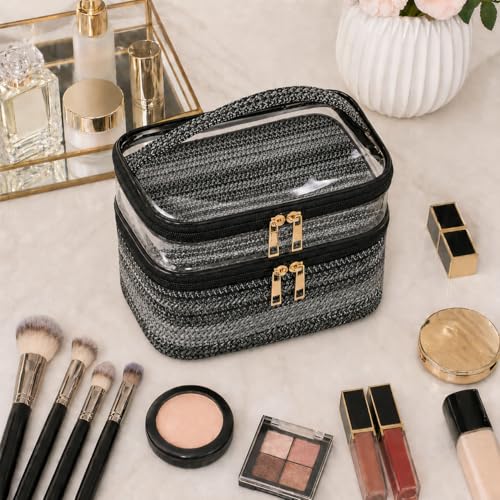 Woven Faux Leather Travel Makeup Bag for Women, Cosmetic Organizer with Clear PVC Top, Large Capacity Toiletry Bag (Black) - color: 03-Black