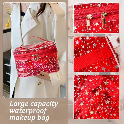 Star Print Pink PVC Makeup Bag with Handle - 8.66 * 5.51 * 5.51 inch,Clear Storage Bag Toiletry Pocket Portable Zippered Pouch Waterproof Cosmetic Organizer Bags for Women (Pink-L) - color: Pink-L
