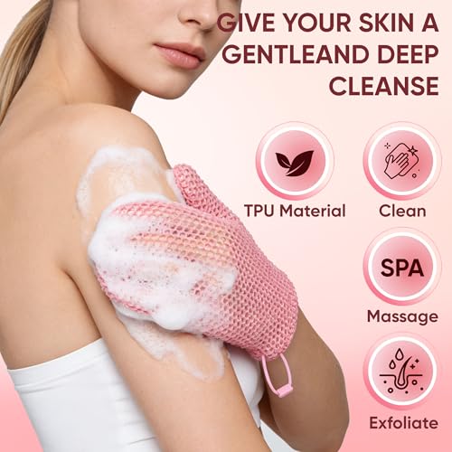2 Pcs Honeycomb Exfoliating Mitten Set Bath Mitt Honeycomb Face and Body Scrubber Shower Glove for Cleaning Body Shower Face Skin Beauty Spa Quick Drying Pink