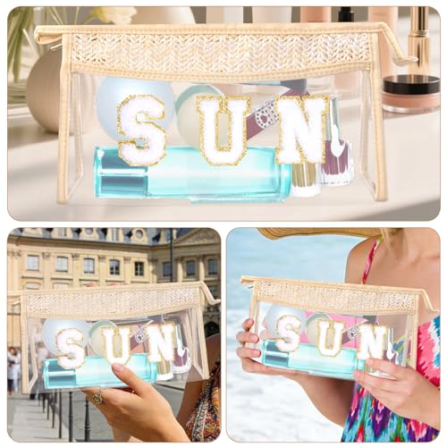 Boho Patch Cosmetic Bag with Zipper, Chenille Varsity Letter Makeup Bag, Clear Travel Pouch, Multi-purpose Small Toiletry Bag for Women Girls (Sun) - style: Sun