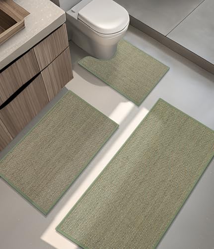 YIHOUSE Bathroom Rugs Sets 3 Pieces, Green Ultra Thin Bath Mats Fit Under Door, Absorbent Quickly Dry Rubber Backing Braided Bath Mat Set, Non Slip Washable Bath Rugs for Bathroom Floor, Green - color: Green, size: 3pieces