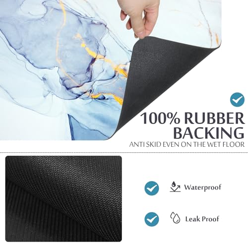 EMMTEEY Blue Marble Bath Rug for Bathroom Non Slip Bathroom Rugs Sets 3 Piece Toilet Rug with U Shaped Bath Mat Water Absorbent Low Pile Bath Mat Quick Drying Mat Shower Rugs for Bathroo - color: Blue