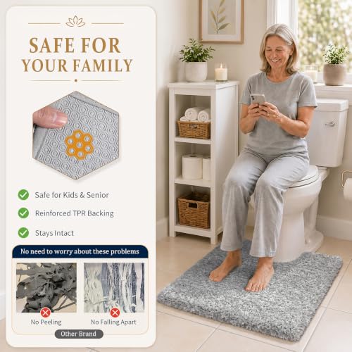 Yimobra Fluffy Toilet Rugs U Shaped, Shaggy Soft Comfortable Non Slip, Water Absorbent Microfiber Bath Mat, Dries Quickly, Machine Washable Thick Bathroom Floor Rugs, 24"x 20", Light Gray and White - color: Light Gray and White, size: 20" X 24" Contour Ru