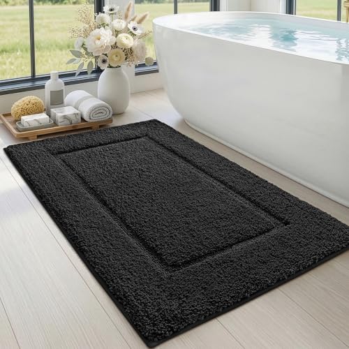DEXI Bathroom Rugs 43x24, Washable Non Slip Bath Mat for Shower Floor, Absorbent Quick Dry Bathmat with Rubber Backing, Ultra Soft Plush Carpet for Tub, Black - color: Black, size: 43" X 24" (Rectangular)
