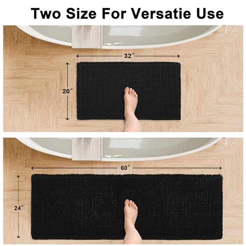 Hiasan Set of 2 Waffle Bath Mat, Super Absorbent Non Slip Bathroom Boho Rug with Tassels, Machine Washable Bath Mats for Bathroom, Ultra Soft Rubber Backed Rug, Black, 20" x 32" + 24" x 60" - color: Black, size: 20" x 32" + 24" x 60"