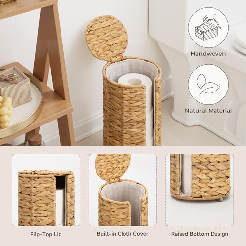 StorageWorks Water Hyacinth Free Standing Toilet Paper Holder Stand for Bathroom, 3 Rolls of Toilet Tissue Storage with a Built-in Cloth Lining, Toilet Roll Holder Stand with Lid - color: Natural（water Hyacinth）, size: 6¾"D(For 3 Roll)