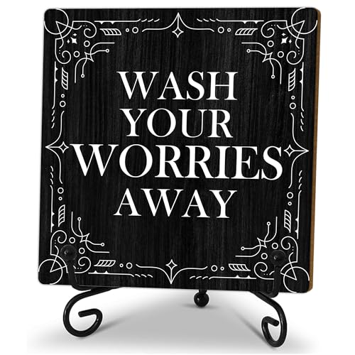 5" Gothic Bathroom Decor, Wash Your Worries Away Sign, Black Bathroom Laundry Room Decor, Bathroom Guest Bathroom Decoration, Funny Toilet Bathroom Plaque Sign Table Shelf Sink Decor-A04 - color: Wash Your Worries-04