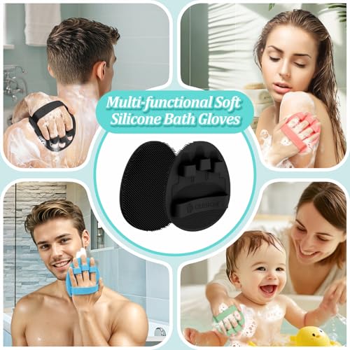 Silicone Back & Body & Face Scrubbers Set 4PCS, 15.35’’ Soft Back Scrubber for Dual-Side Usage, Easy-to-Hold Bath Glove Body Scrubber Face Scrubber for Good Foaming & Deep Cleaning(Black) - color: 02black*4