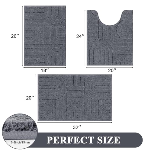 Vaukki Bathroom Rugs Sets 3 Piece, Grey Washable Non Slip Soft Bath Mats for Shower and Tub, Plush Absorbent Microfiber Toilet Rug U Shaped, 32x20+26x18+24x20 Inch - color: Grey, size: 18''x26''+20''x32''+20''x24''