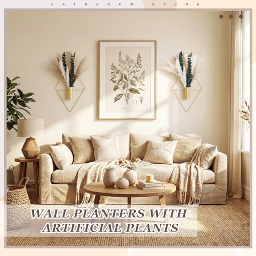 Canlierr 4 Pcs Gold Wall Decor Hanging Planters with Artificial Plants Eucalyptus Pampas Grass Metal Hanging Vase Indoor Plants Holder Modern Boho Wall Art for Bathroom Bedroom Living Room Decor - color: Gold, size: Pampas Grass, Eucalyptus