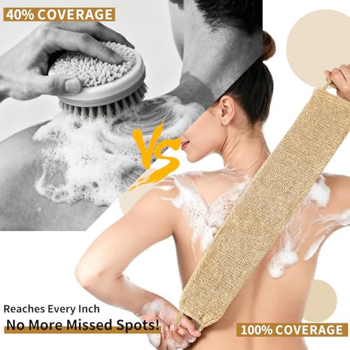 Japanese Exfoliating Washcloth & Scrub Glove Set – 2-Sided Hemp Body Scrubber Towel with Handles for Deep Cleansing, Back Scrubber for Shower & Bath (Men/Women), Yellow