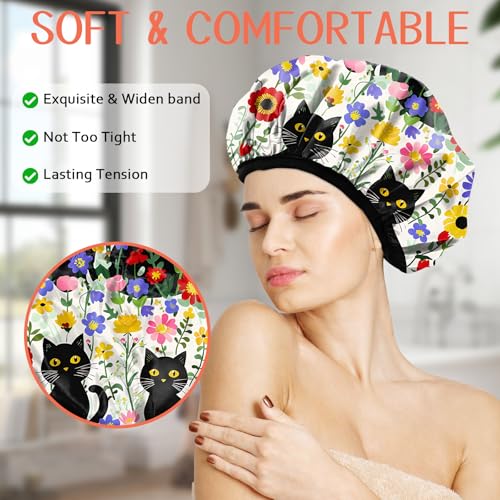 Luxury Shower Cap Terry Lined Reusable Triple Layer Waterproof Hair Elastic Caps Shower Bath Hat for Women Girls Cute Aesthetic-Flower Black Cat - color: AL6-Flower Black Cat