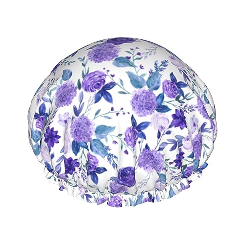 Violet Purple Rose Shower Cap For Women Adjustable Double Waterproof Layers Bathing Shower Hat Hair Protection Reusable Ladies Spa Salon Shower Hat - color: Purple Rose