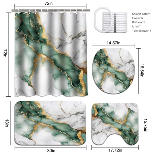Lnond 4Pcs Bathroom Sets with Shower Curtain and Rugs, Marble Bathroom Shower Curtain Sets, Green Grey Gold Modern Art Bathroom Sets with Rugs and Accessories - color: Green Grey Gold Marble